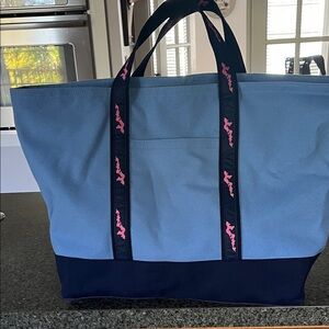 Two-Tone Light Blue and Navy Canvas Tote with Pink Accent Straps